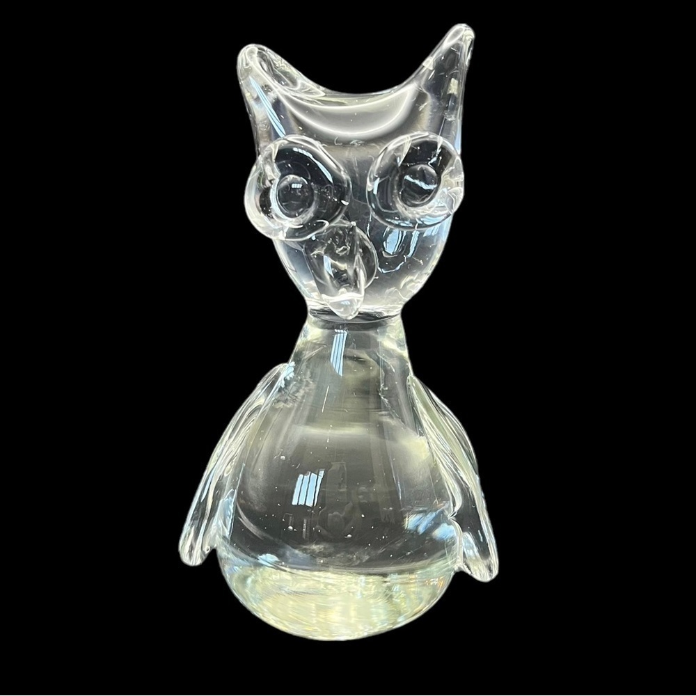 Large Eye Owl Clear Hand Blown Glass Paperweight Figurine Collectible 5” Tall